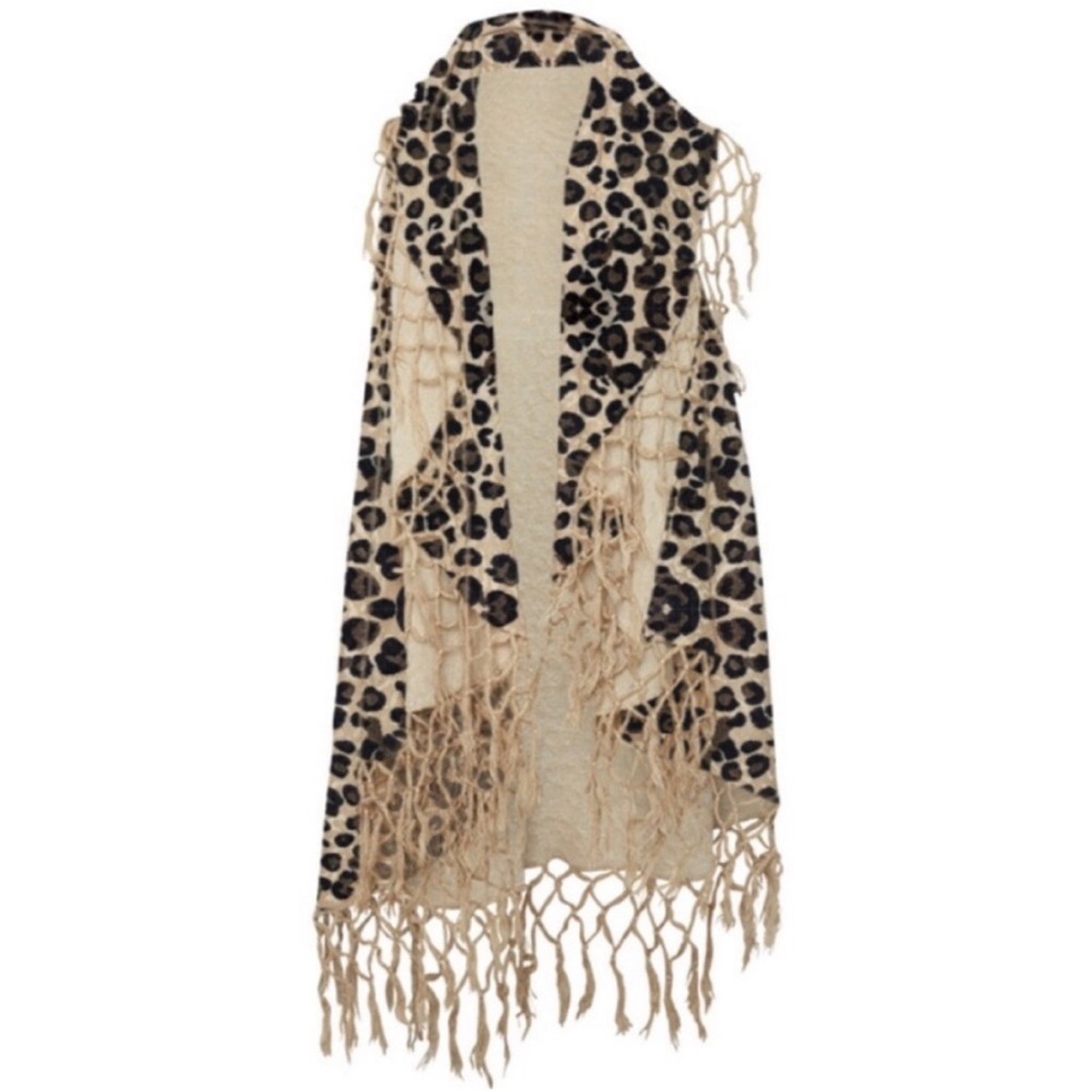 lèRumi Leopard Print Fringe Cardigan Ruana Poncho Wrap, One Size - Picture 9 of 10